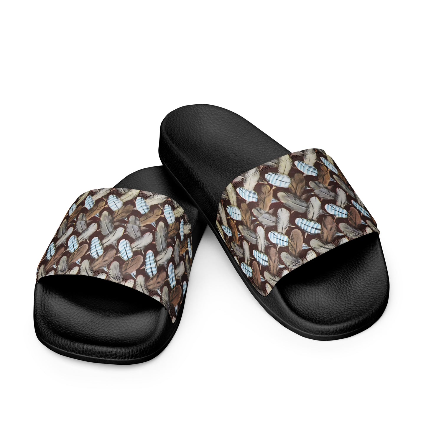 Pair of Big Bear Lake Eagles FeatherMark slide sandals with a patterned strap on a white background