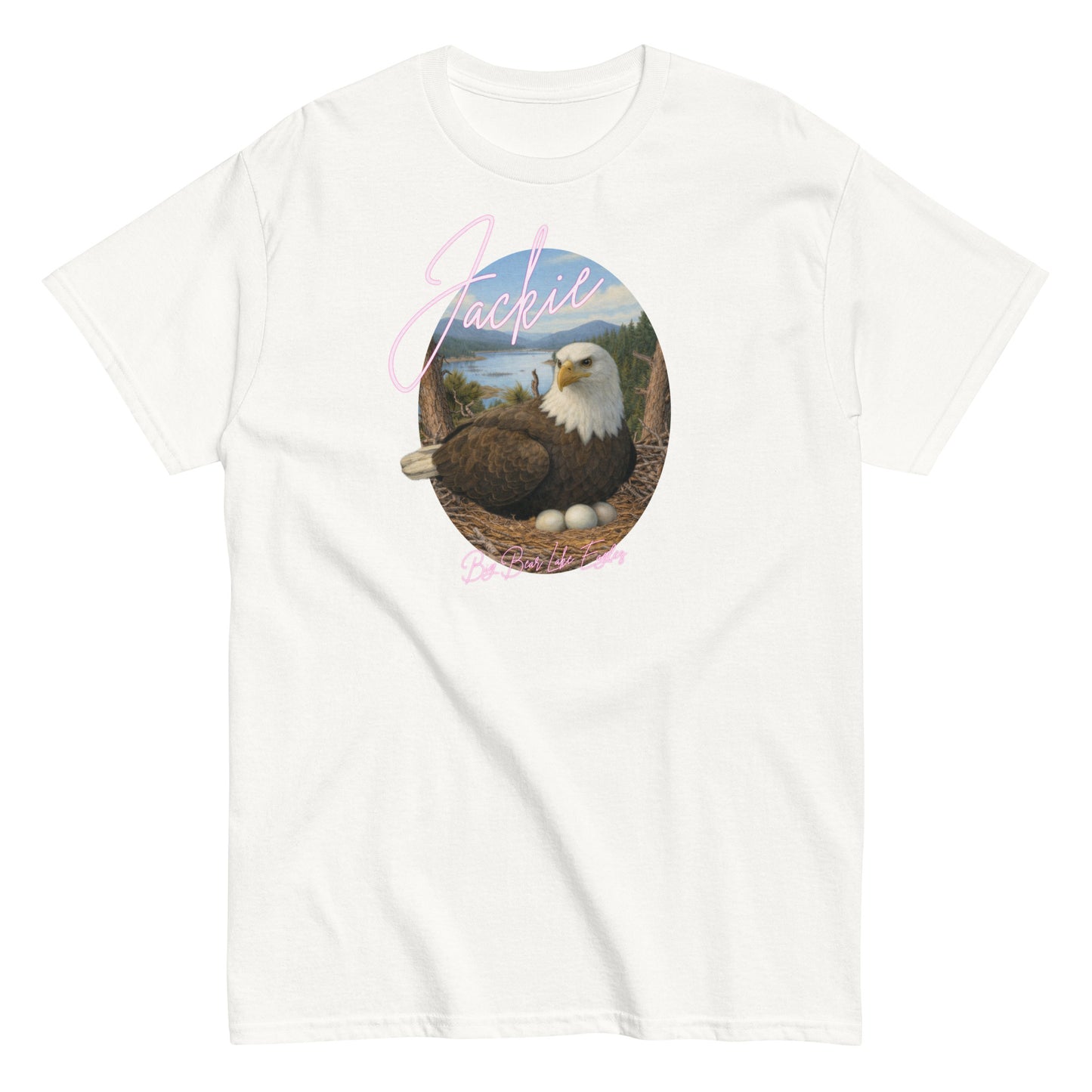 White t-shirt featuring Jackie the Eagle tending to her clutch of eggs in the Big Bear Valley nest.
