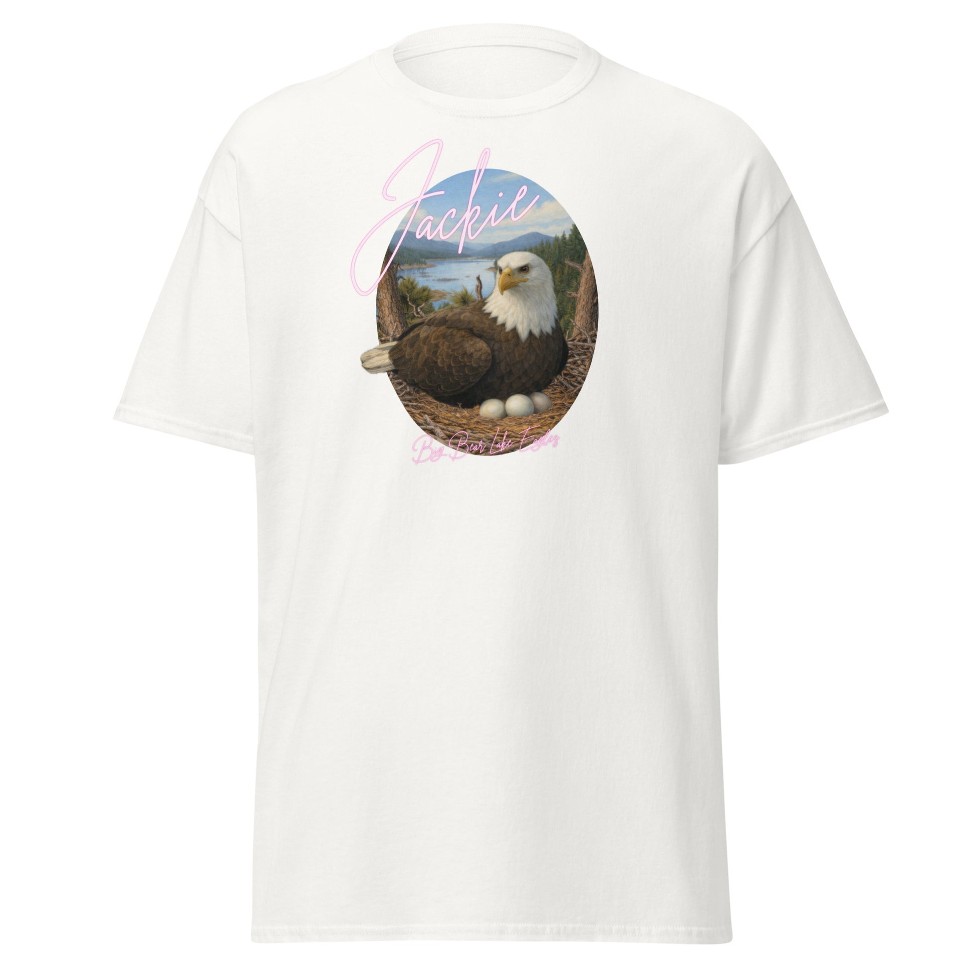 White t-shirt featuring Jackie the Eagle tending to her clutch of eggs in the Big Bear Valley nest.