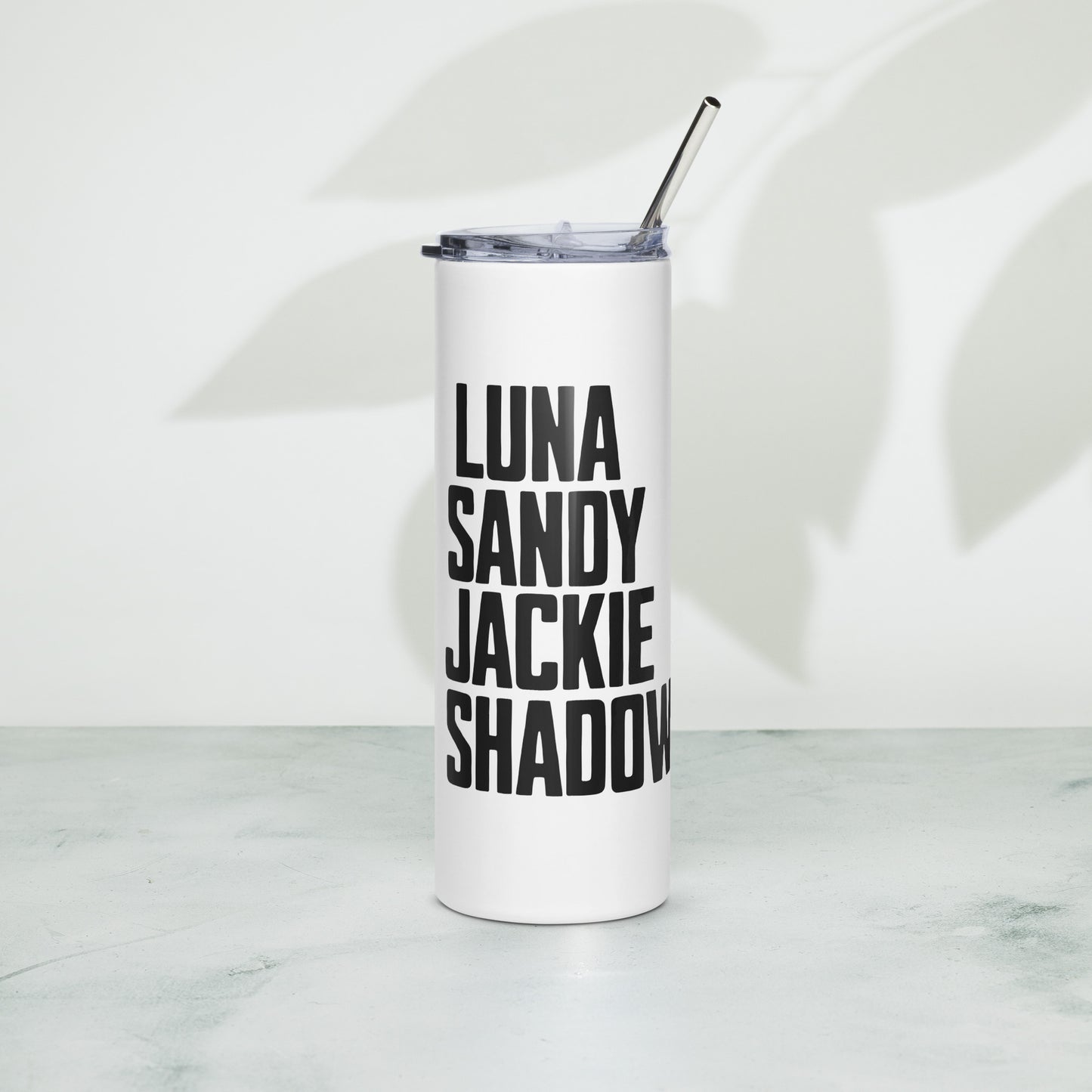 Stainless steel tumbler with reusable metal straw featuring bold names of Big Bear Lake’s eagle family — Luna, Sandy, Jackie, and Shadow — perfect for hot or cold drinks on the go.