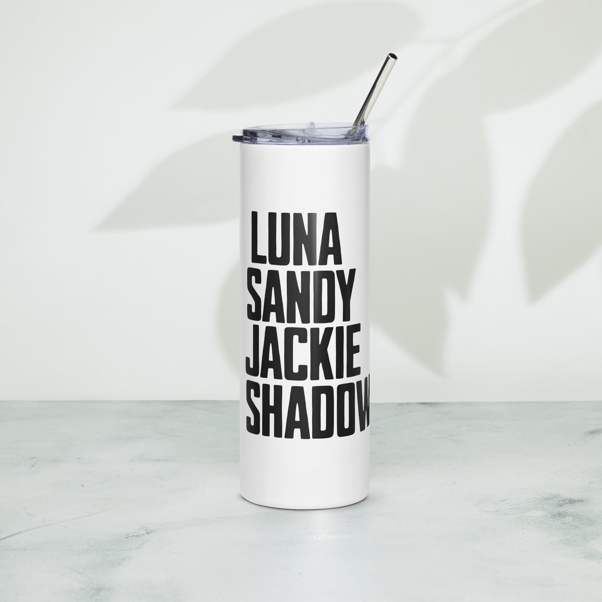 Stainless steel tumbler with reusable metal straw featuring bold names of Big Bear Lake’s eagle family — Luna, Sandy, Jackie, and Shadow — perfect for hot or cold drinks on the go.