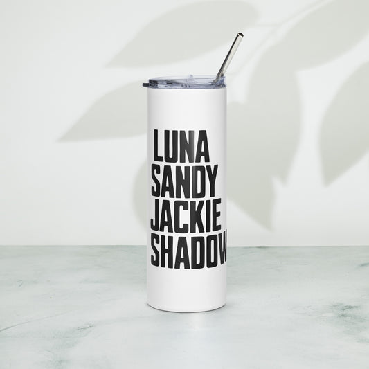 Stainless steel tumbler with reusable metal straw featuring bold names of Big Bear Lake’s eagle family — Luna, Sandy, Jackie, and Shadow — perfect for hot or cold drinks on the go.