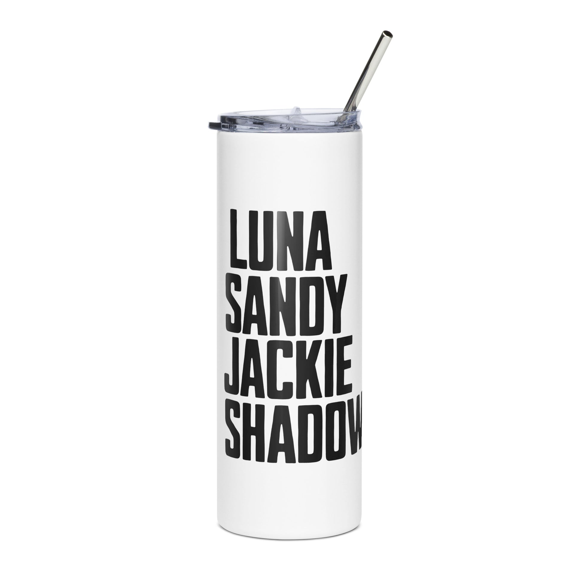 Stainless steel tumbler with reusable metal straw featuring bold names of Big Bear Lake’s eagle family — Luna, Sandy, Jackie, and Shadow — perfect for hot or cold drinks on the go.
