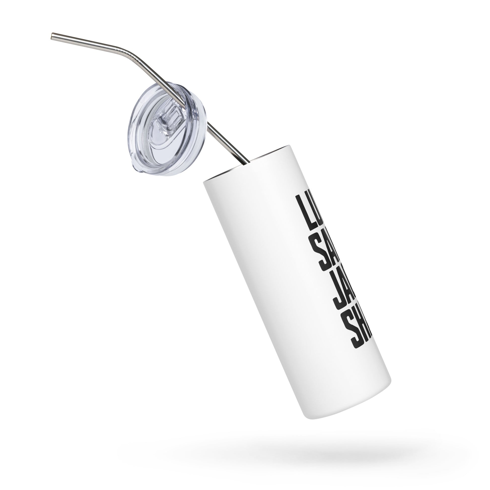 Stainless steel tumbler with reusable metal straw featuring bold names of Big Bear Lake’s eagle family — Luna, Sandy, Jackie, and Shadow — perfect for hot or cold drinks on the go.