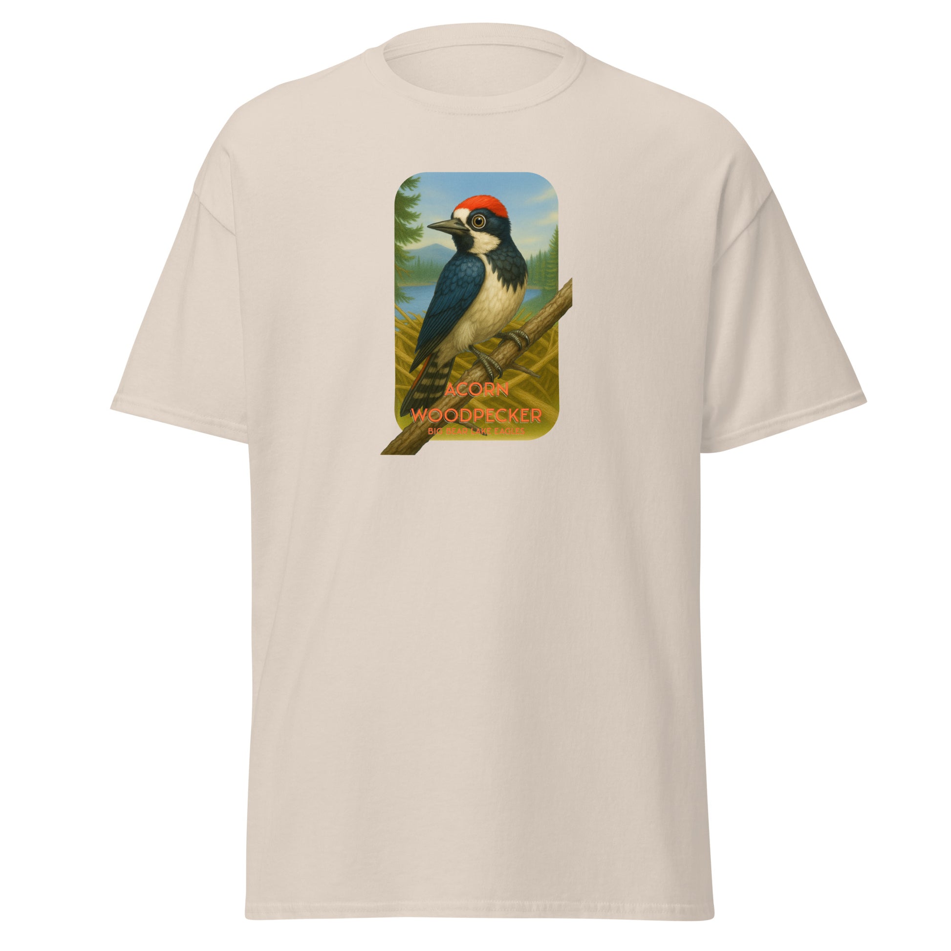 Natural Cotton t-shirt featuring an Acorn Woodpecker perched on a branch near Jackie and Shadow’s nest in Big Bear Valley. A nature-inspired design celebrating the eagle pair’s newest feathered neighbor.