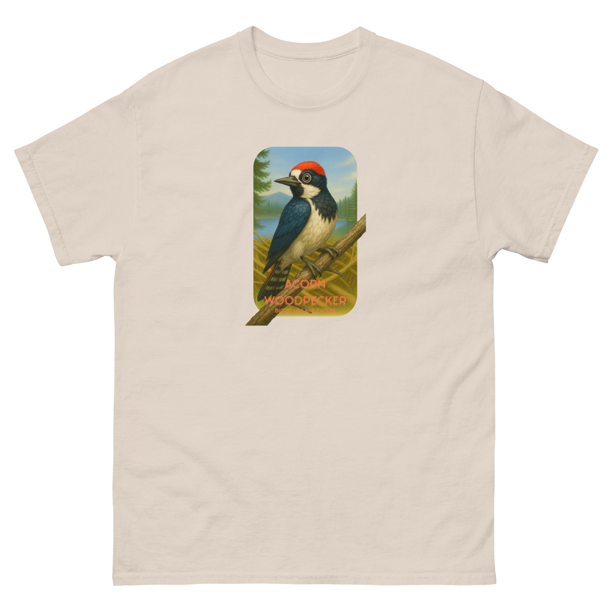 Natural Cotton t-shirt featuring an Acorn Woodpecker perched on a branch near Jackie and Shadow’s nest in Big Bear Valley. A nature-inspired design celebrating the eagle pair’s newest feathered neighbor.