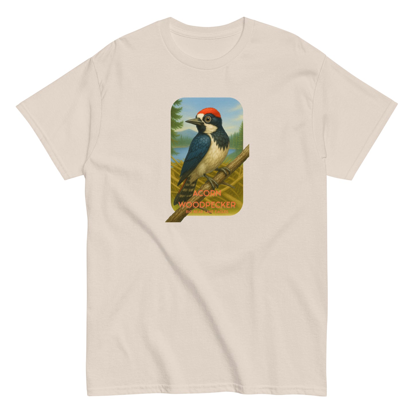 Natural Cotton t-shirt featuring an Acorn Woodpecker perched on a branch near Jackie and Shadow’s nest in Big Bear Valley. A nature-inspired design celebrating the eagle pair’s newest feathered neighbor.