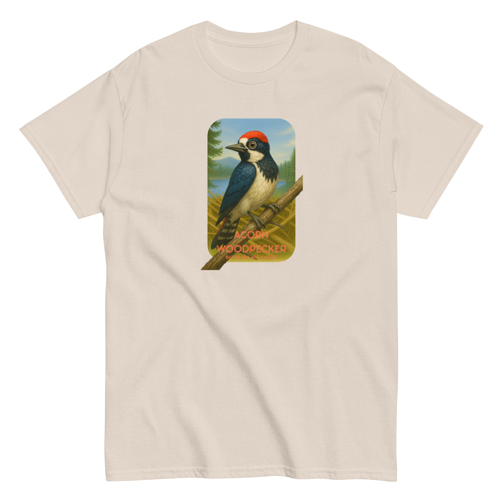 Natural Cotton t-shirt featuring an Acorn Woodpecker perched on a branch near Jackie and Shadow’s nest in Big Bear Valley. A nature-inspired design celebrating the eagle pair’s newest feathered neighbor.