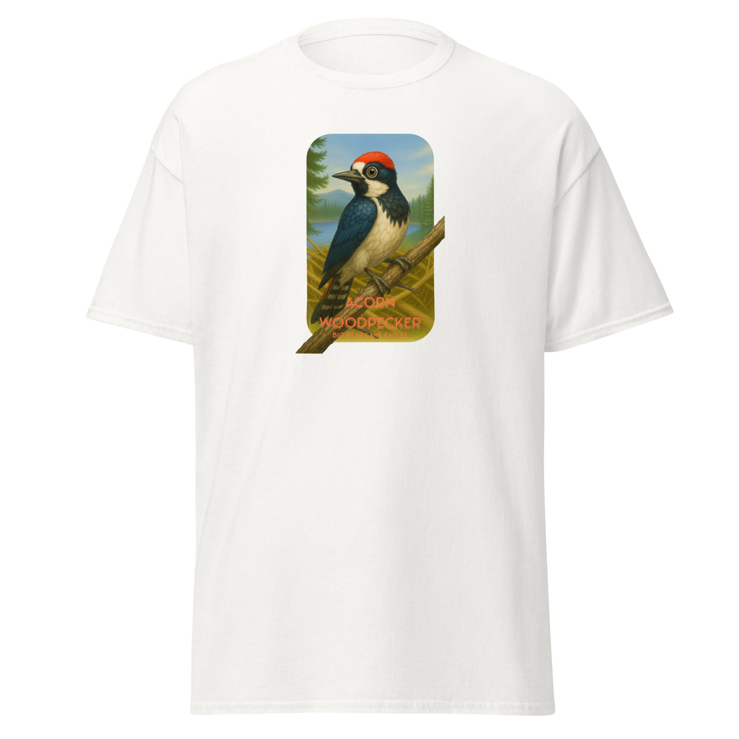 White Cotton t-shirt featuring an Acorn Woodpecker perched on a branch near Jackie and Shadow’s nest in Big Bear Valley. A nature-inspired design celebrating the eagle pair’s newest feathered neighbor.