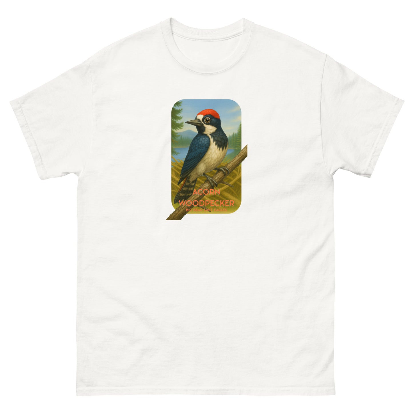 White Cotton t-shirt featuring an Acorn Woodpecker perched on a branch near Jackie and Shadow’s nest in Big Bear Valley. A nature-inspired design celebrating the eagle pair’s newest feathered neighbor.