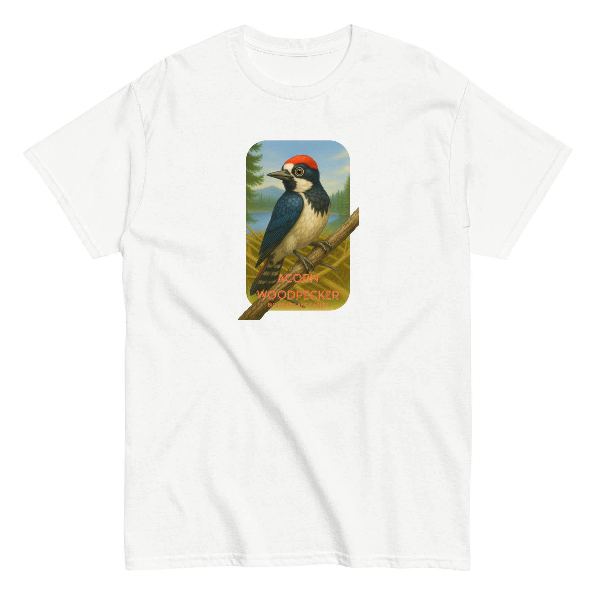 White Cotton t-shirt featuring an Acorn Woodpecker perched on a branch near Jackie and Shadow’s nest in Big Bear Valley. A nature-inspired design celebrating the eagle pair’s newest feathered neighbor.