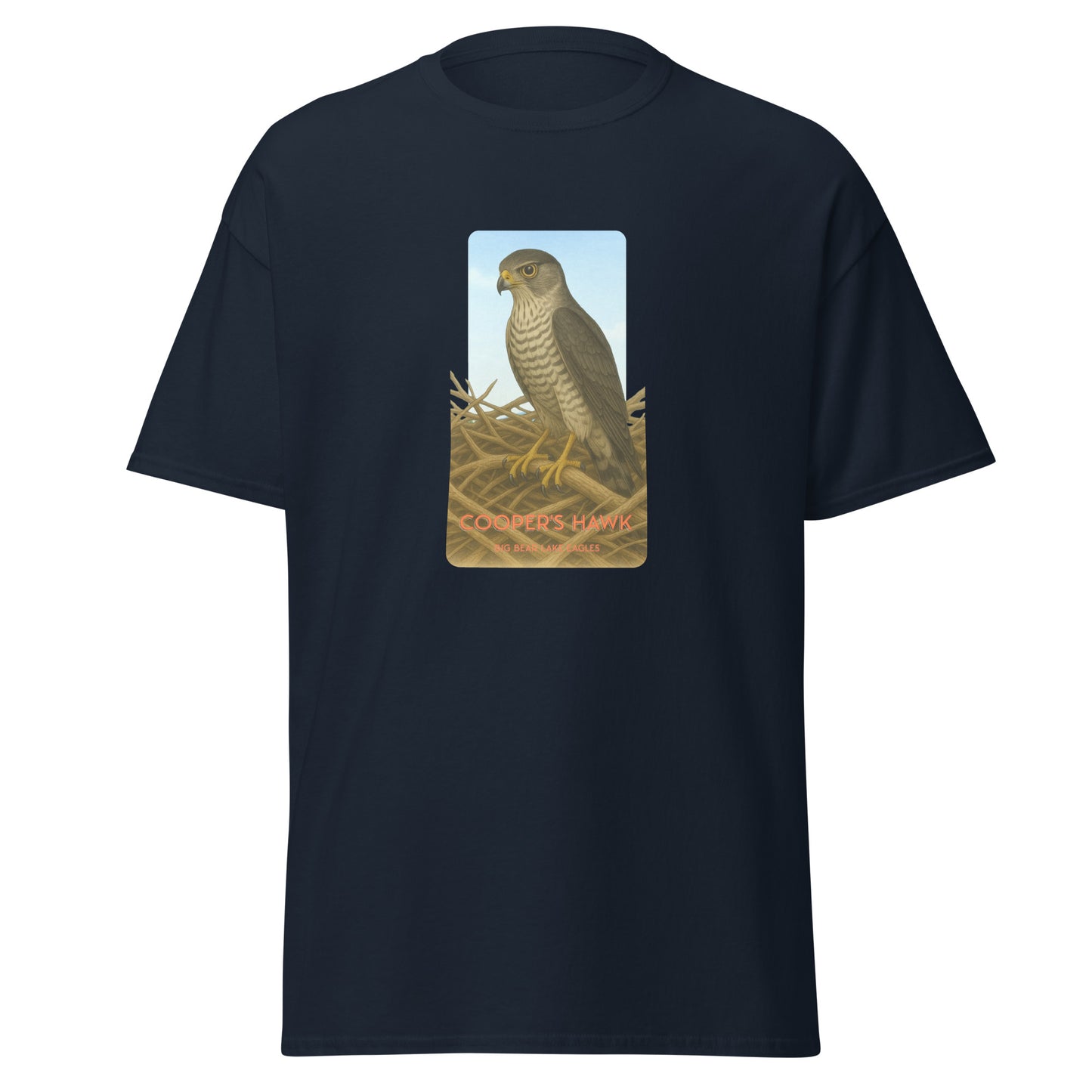 100% cotton navy t-shirt with a striking illustration of a Cooper's Hawk on a nest gazing out over Big Bear Lake.