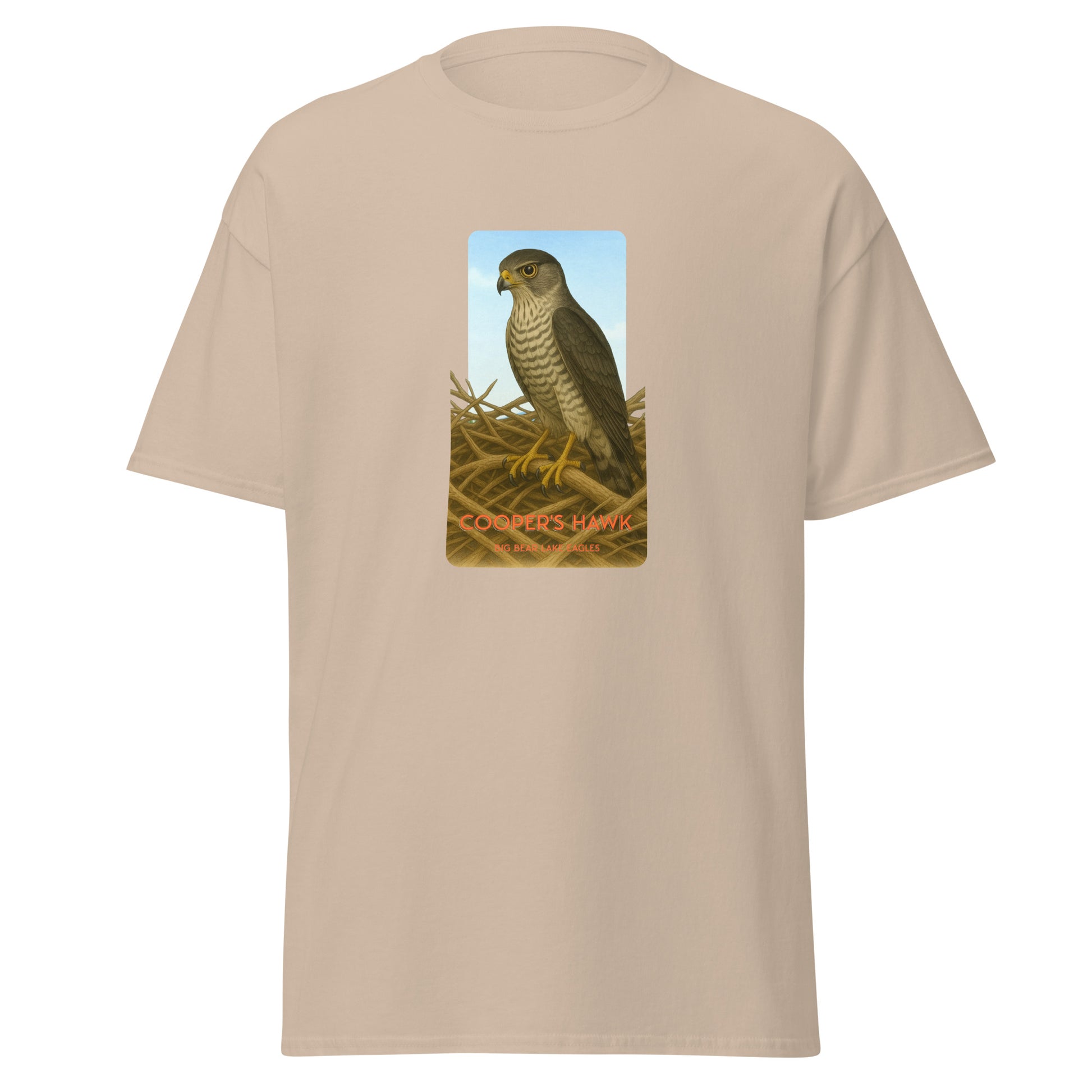 100% cotton sand t-shirt with a striking illustration of a Cooper's Hawk on a nest gazing out over Big Bear Lake.