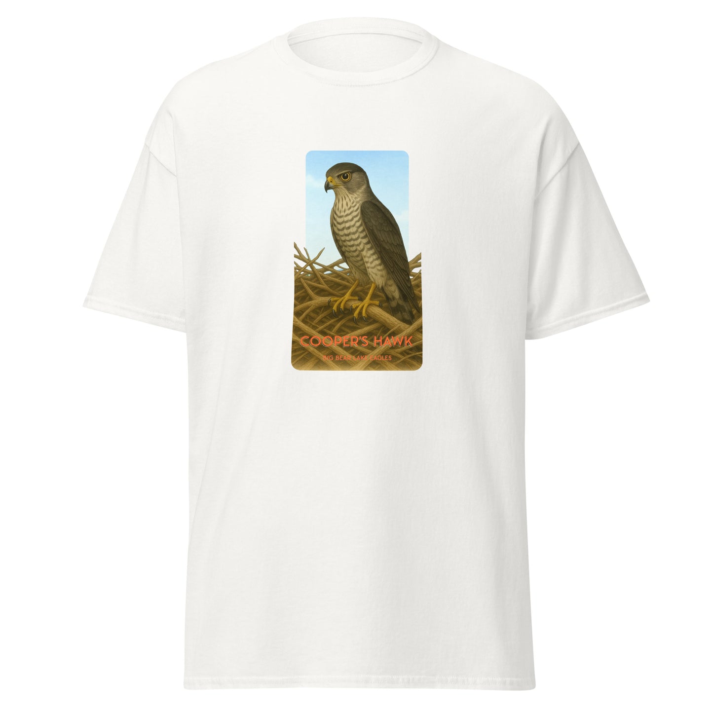 100% cotton White t-shirt with a striking illustration of a Cooper's Hawk on a nest gazing out over Big Bear Lake.