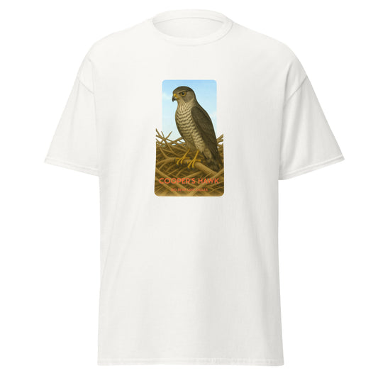 100% cotton White t-shirt with a striking illustration of a Cooper's Hawk on a nest gazing out over Big Bear Lake.