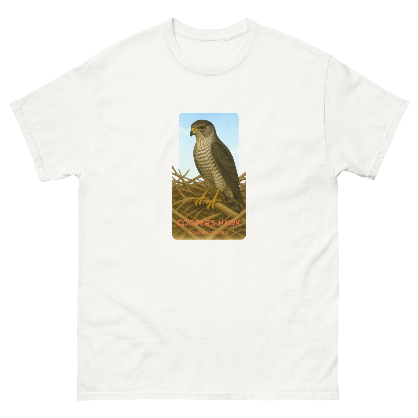 100% cotton White t-shirt with a striking illustration of a Cooper's Hawk on a nest gazing out over Big Bear Lake.