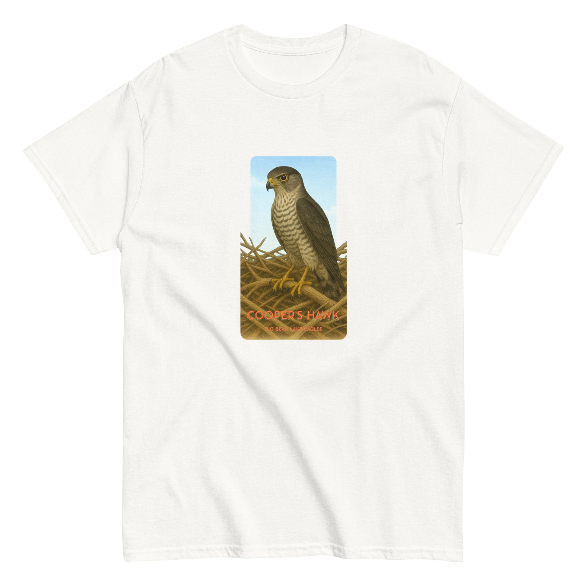 100% cotton White t-shirt with a striking illustration of a Cooper's Hawk on a nest gazing out over Big Bear Lake.