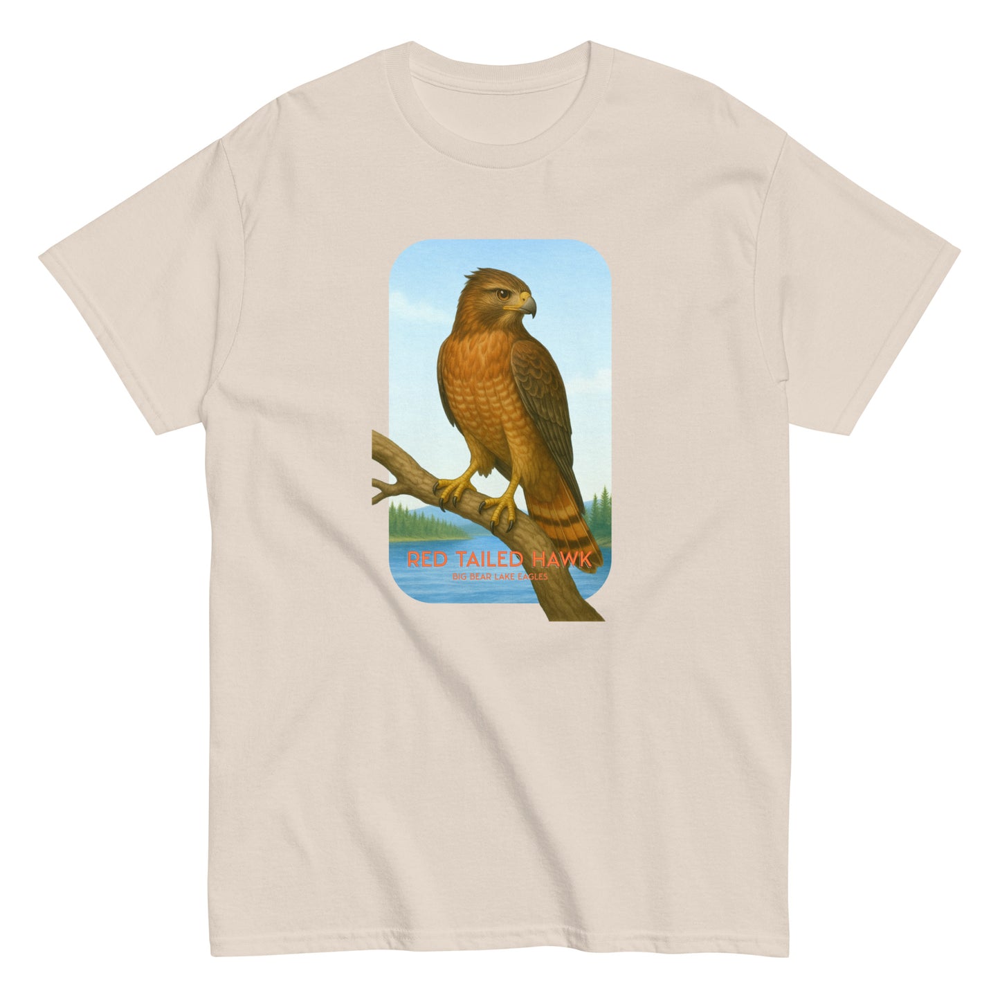 natural t-shirt with a red-tailed hawk graphic perched on a branch near Jackie and Shadow’s nest, in Big Bear Lake.
