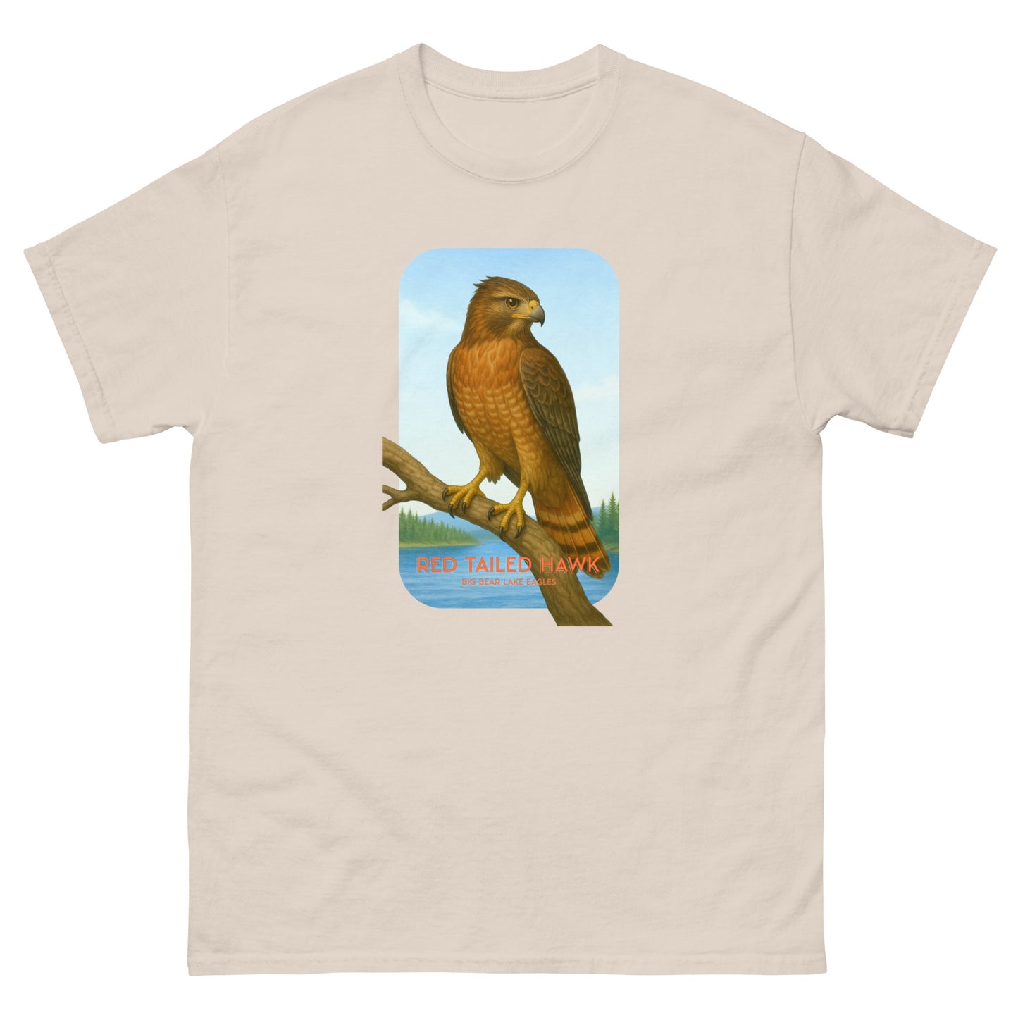natural t-shirt with a red-tailed hawk graphic perched on a branch near Jackie and Shadow’s nest, in Big Bear Lake.