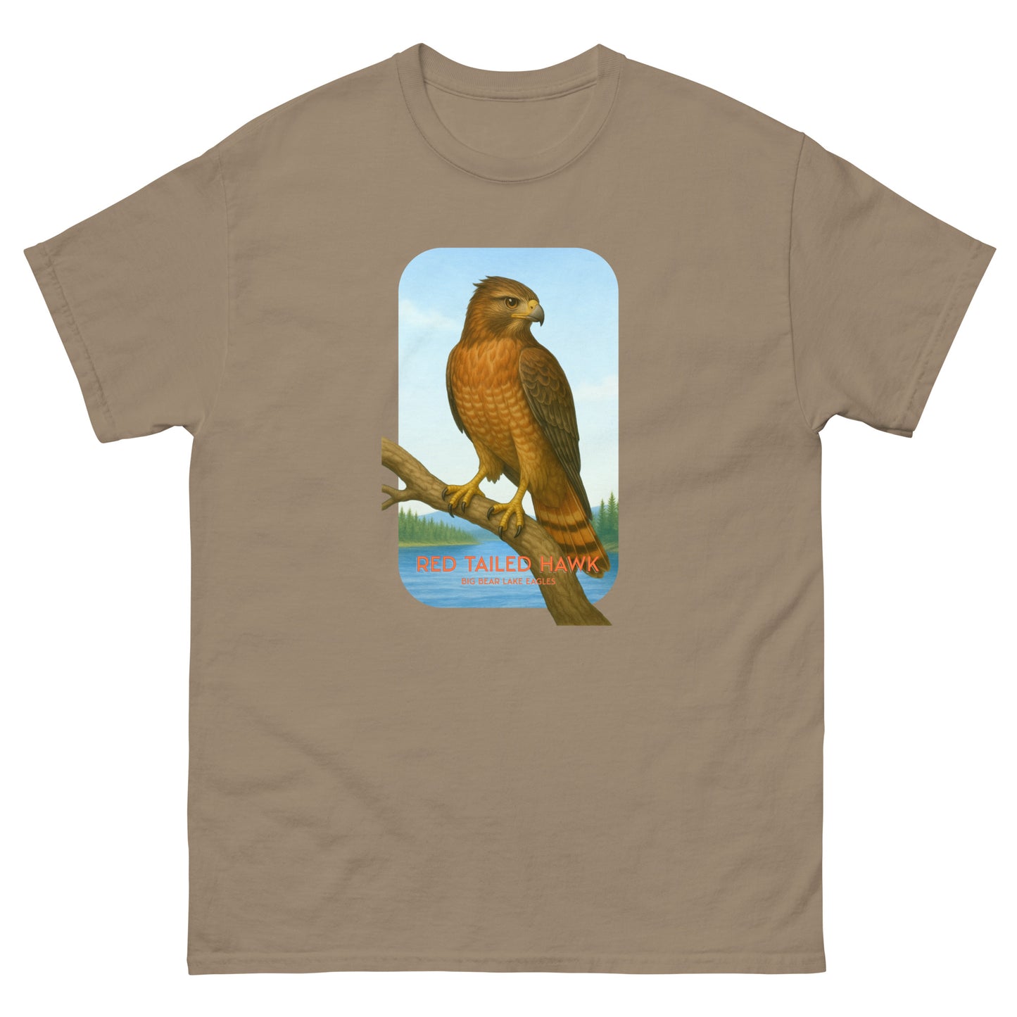 brown t-shirt with a red-tailed hawk graphic perched on a branch near Jackie and Shadow’s nest, in Big Bear Lake.
