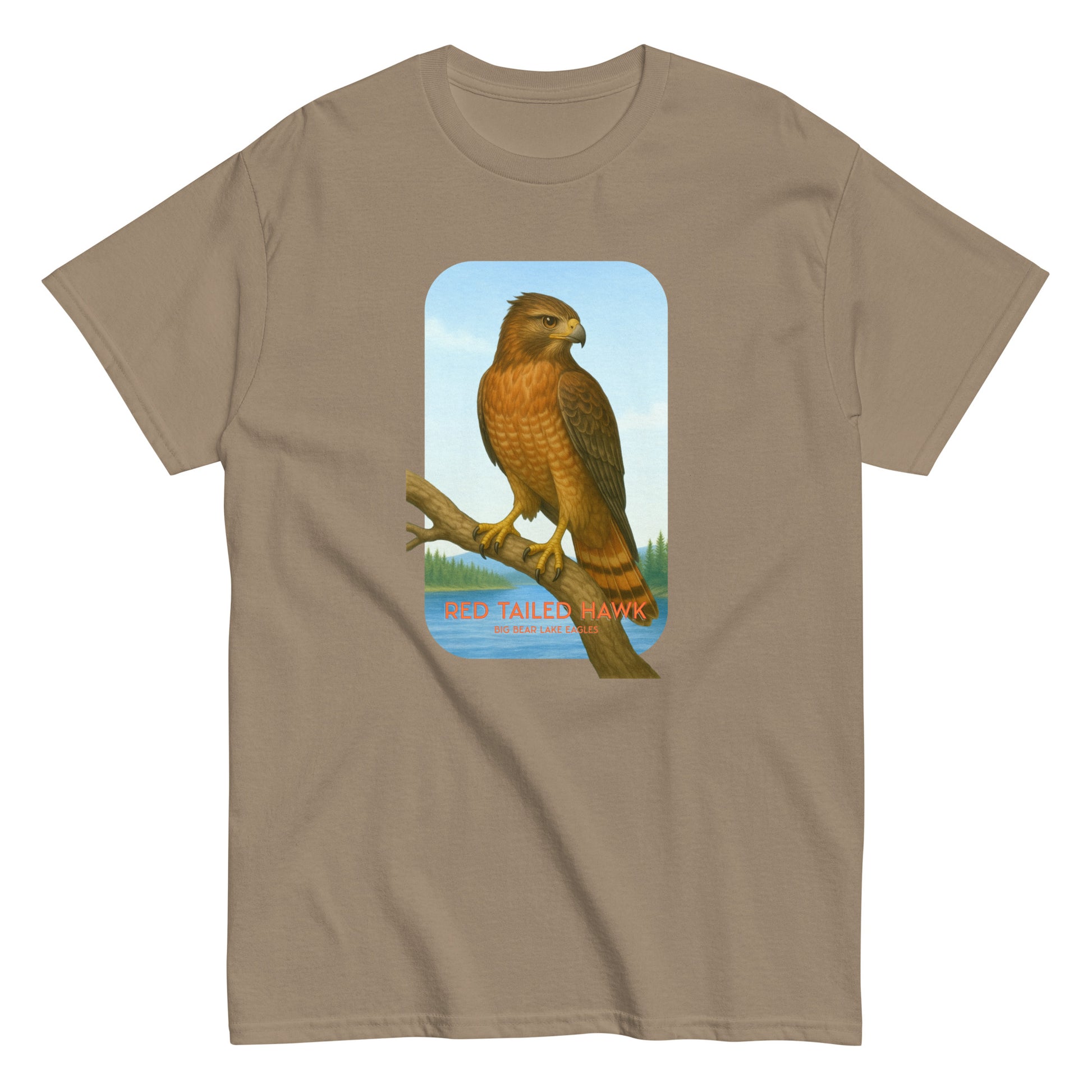 brown t-shirt with a red-tailed hawk graphic perched on a branch near Jackie and Shadow’s nest, in Big Bear Lake.