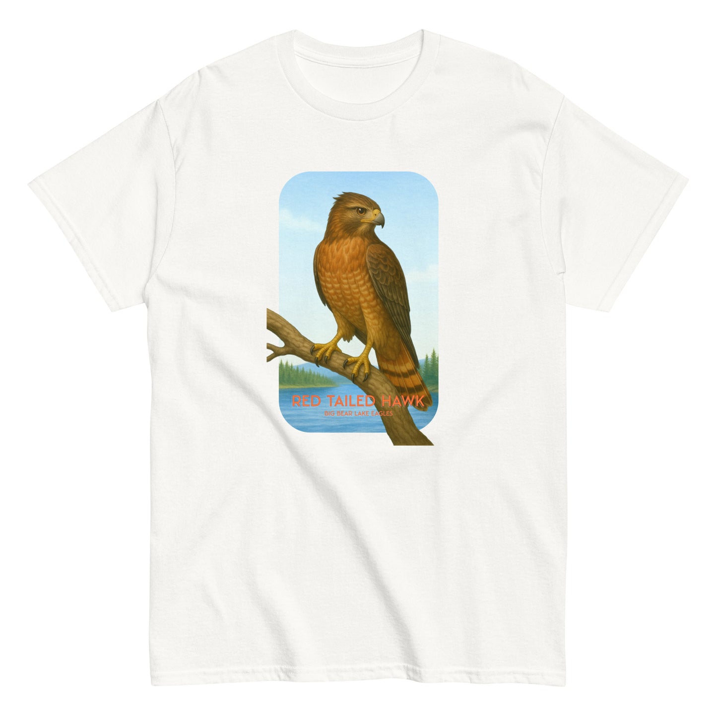 White t-shirt with a red-tailed hawk graphic perched on a branch near Jackie and Shadow’s nest, in Big Bear Lake.