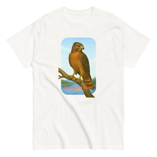 White t-shirt with a red-tailed hawk graphic perched on a branch near Jackie and Shadow’s nest, in Big Bear Lake.