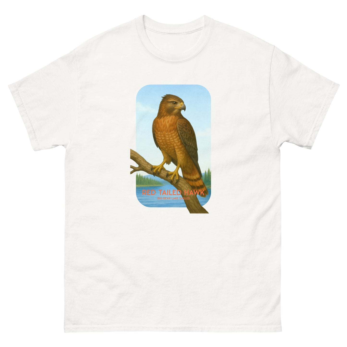 White t-shirt with a red-tailed hawk graphic perched on a branch near Jackie and Shadow’s nest, in Big Bear Lake.