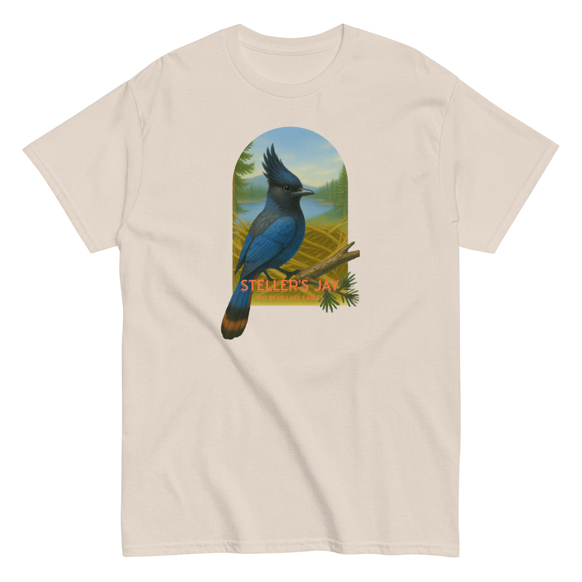 Natural t-shirt with a Steller's Jay graphic perched on a branch near Jackie and Shadow’s nest in Big Bear Lake