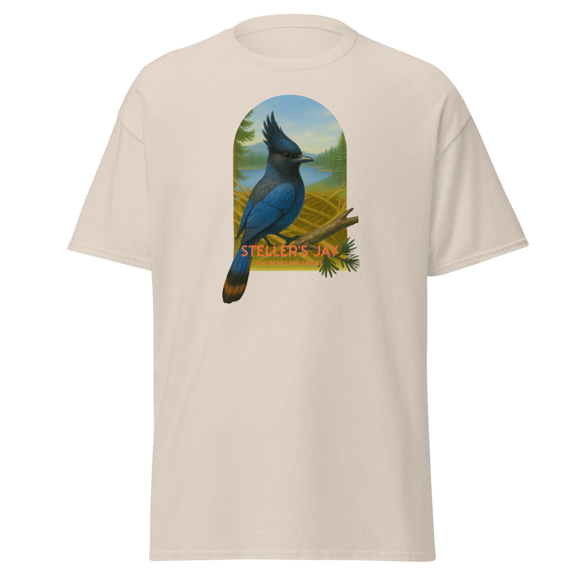 Natural  t-shirt with a Steller's Jay graphic on a white background perched on a branch near Jackie and Shadow’s nest in Big Bear Lake