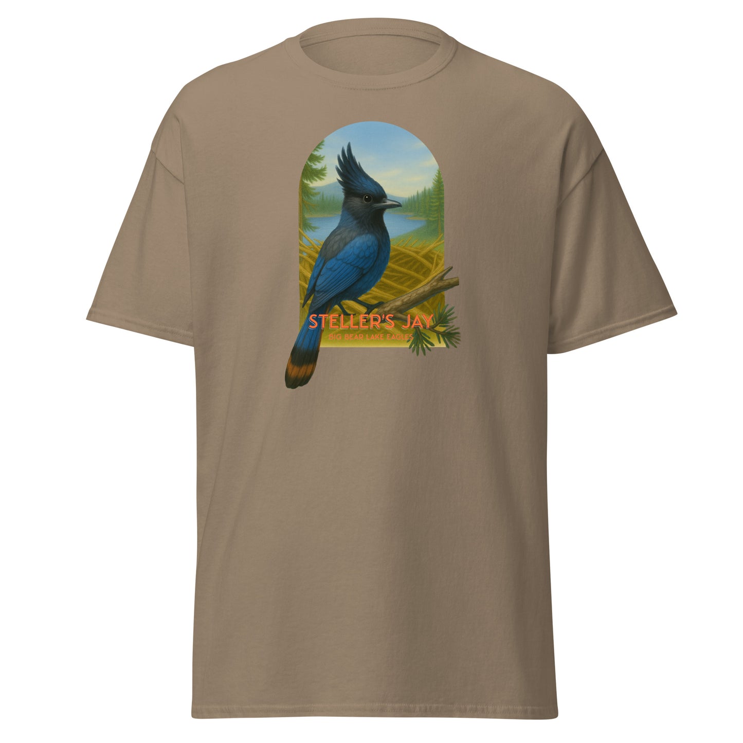 Savana Brown t-shirt with a Steller's Jay graphic perched on a branch near Jackie and Shadow’s nest in Big Bear Lake 
