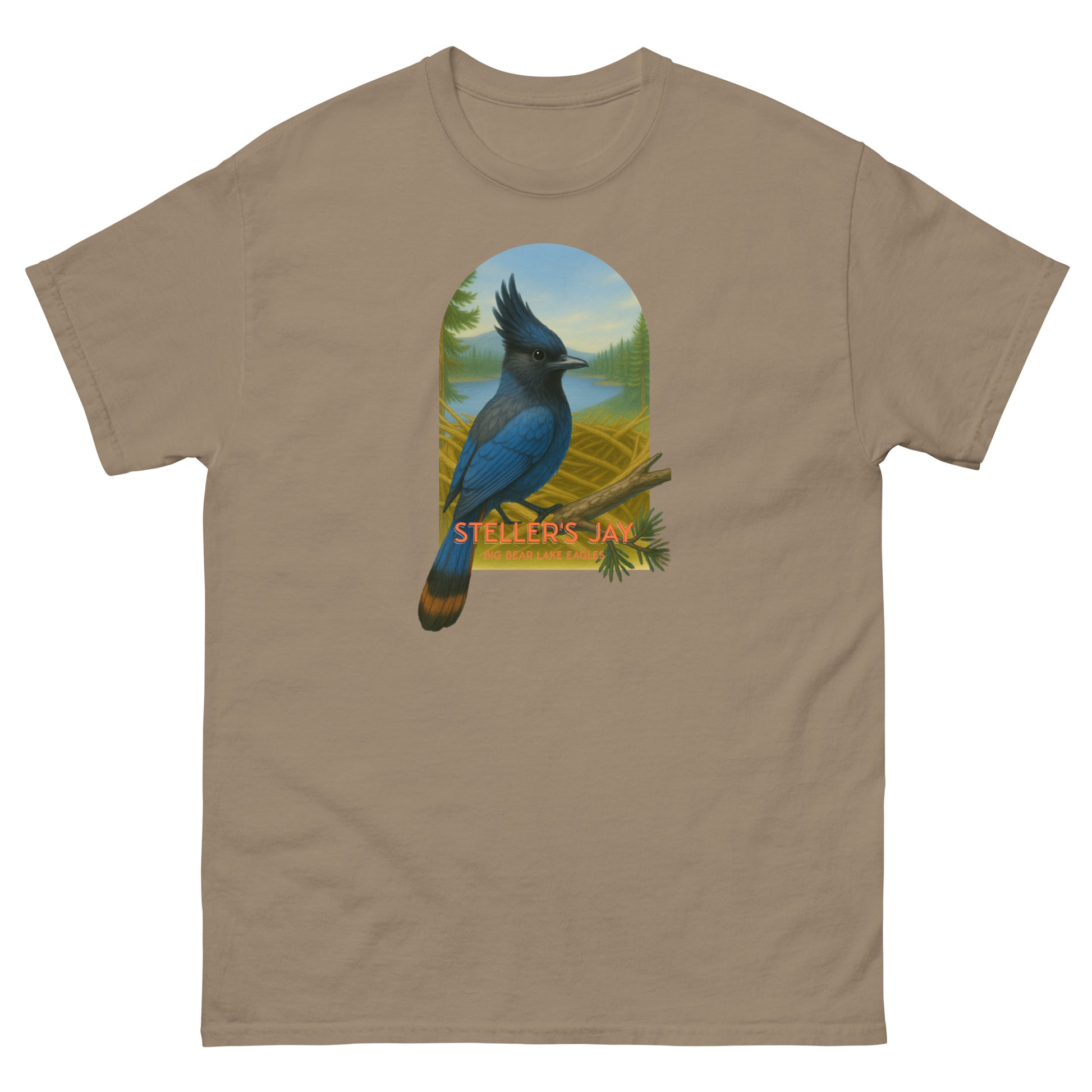 Savana Brown t-shirt with a Steller's Jay graphic perched on a branch near Jackie and Shadow’s nest in Big Bear Lake