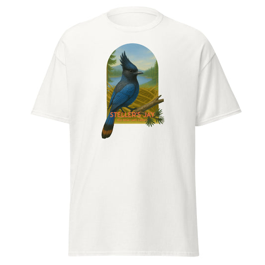 White t-shirt with a blue bird graphic and Steller's Jay' text perched on a branch near Jackie and Shadow’s nest in Big Bear Lake