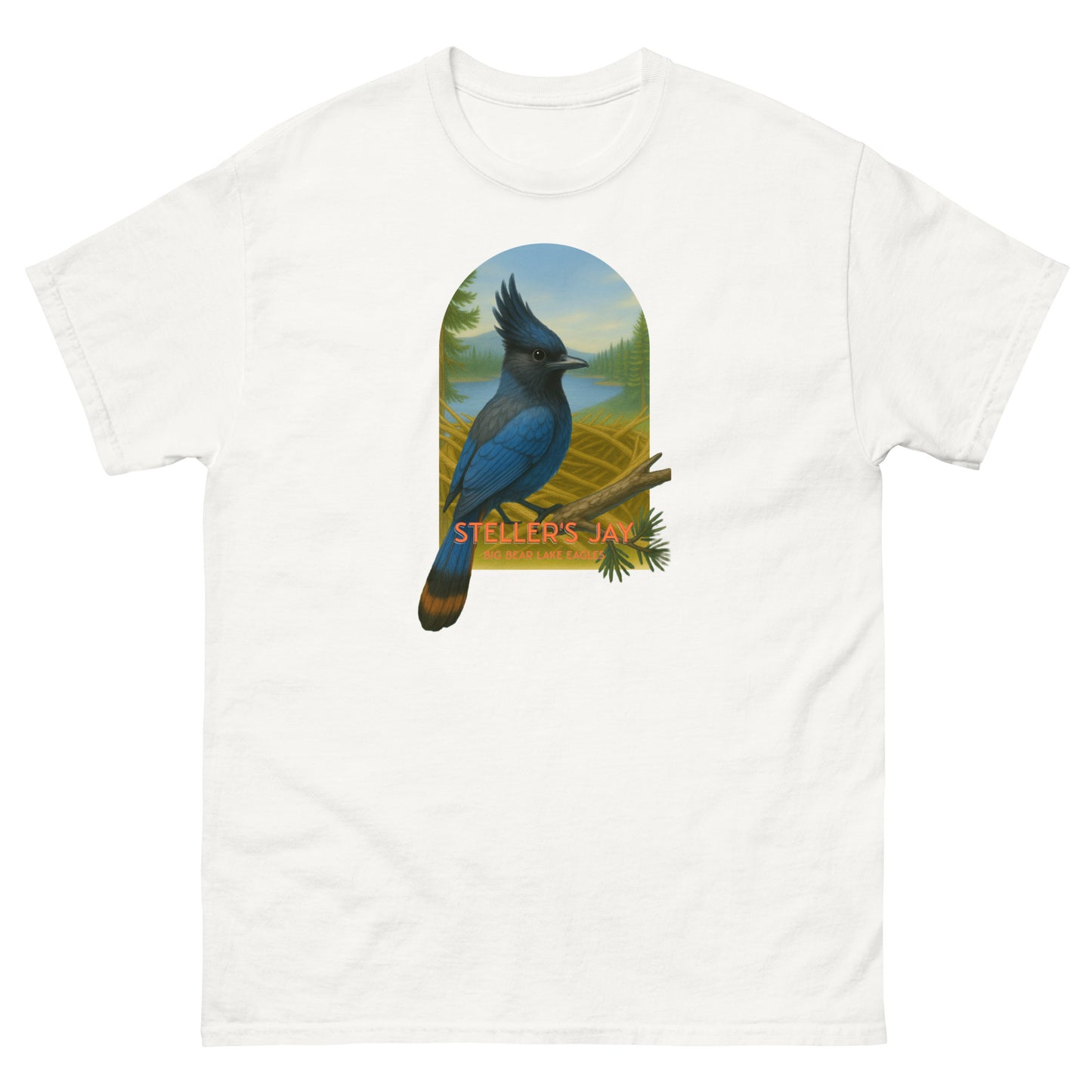 White t-shirt with a Steller's Jay graphic perched on a branch near Jackie and Shadow’s nest in Big Bear Lake
