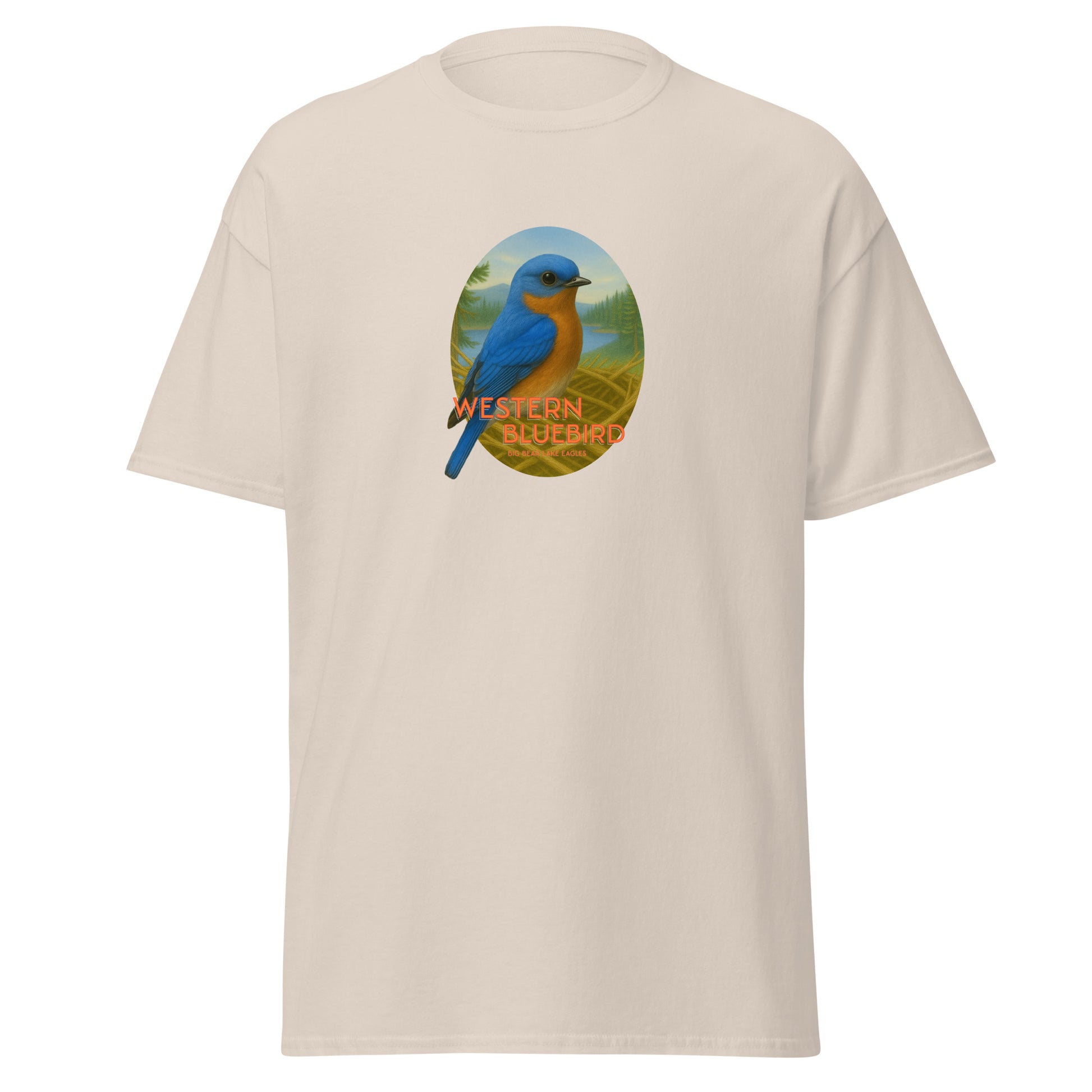 Beige t-shirt with a graphic of a blue bird and 'Western Bluebird' text, perched on a branch near Jackie and Shadow’s nest in Big Bear Lake, California
