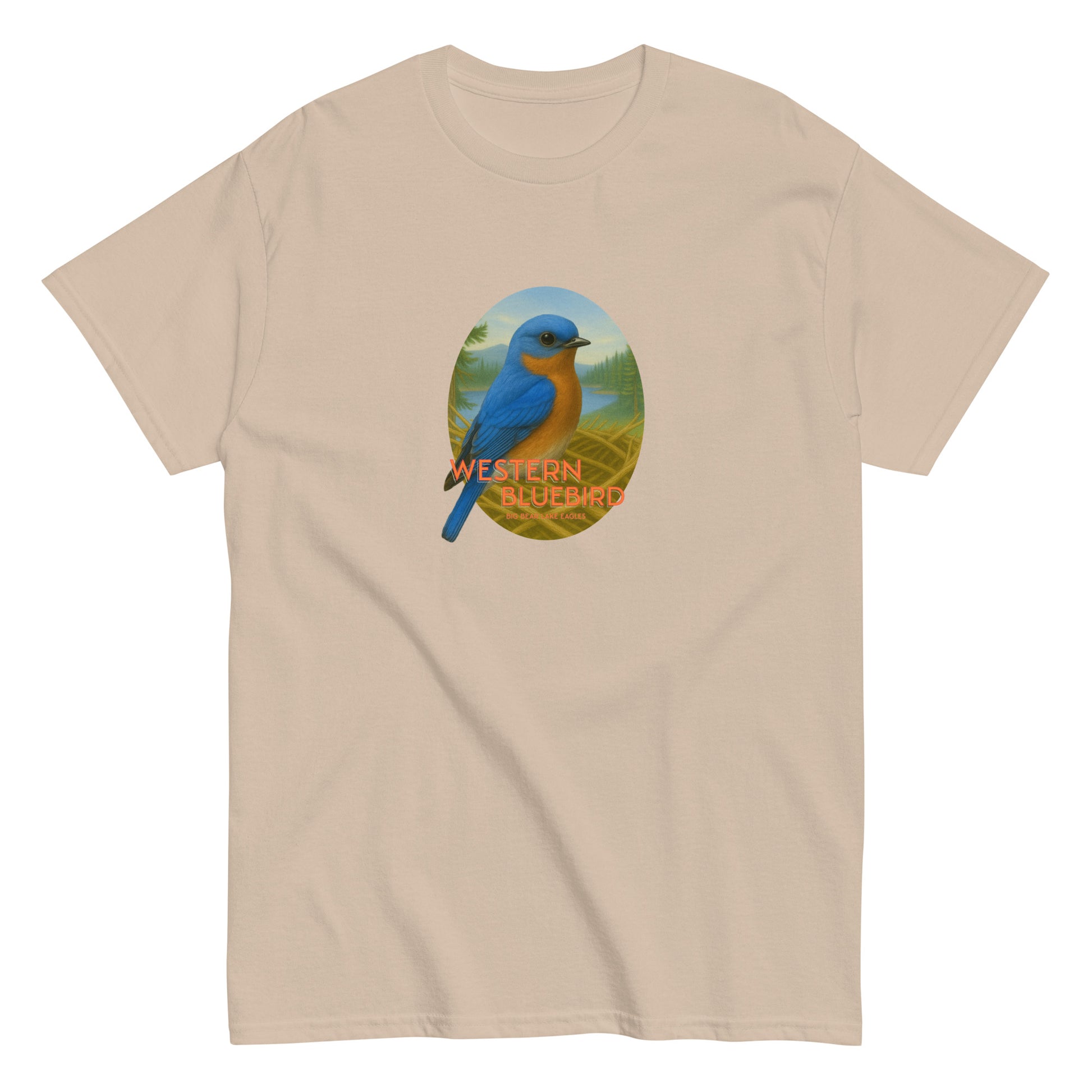Beige t-shirt with a graphic of a blue bird and 'Western Bluebird' text, perched on a branch near Jackie and Shadow’s nest in Big Bear Lake, California