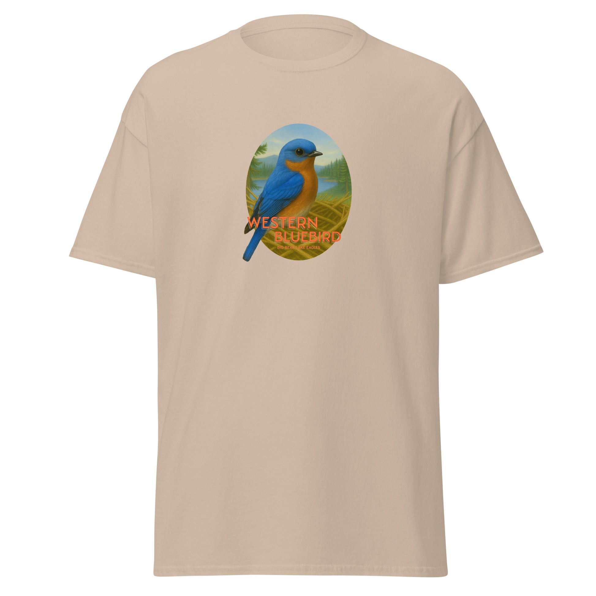 Sand t-shirt with a graphic of a blue bird and 'Western Bluebird' text, perched on a branch near Jackie and Shadow’s nest in Big Bear Lake, California