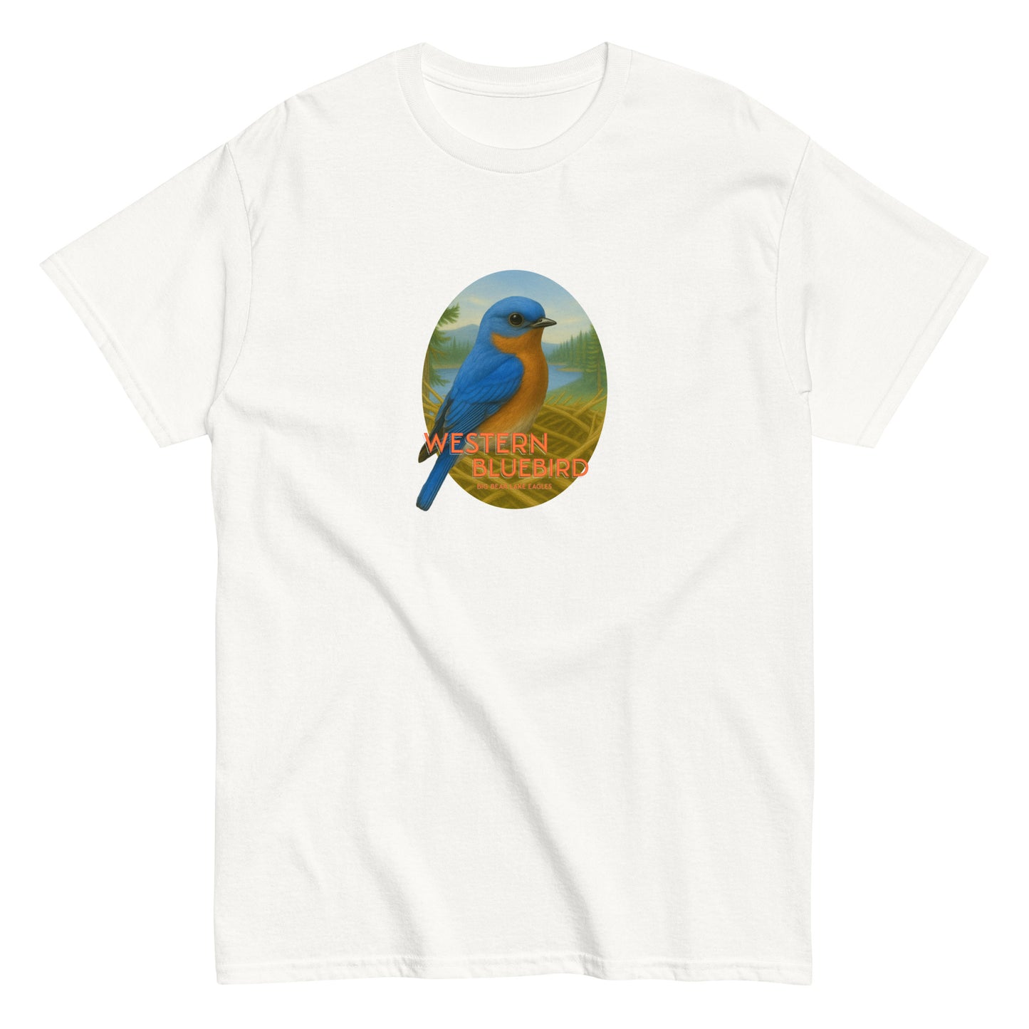 white t-shirt with a graphic of a blue bird and 'Western Bluebird' text, perched on a branch near Jackie and Shadow’s nest in Big Bear Lake, California