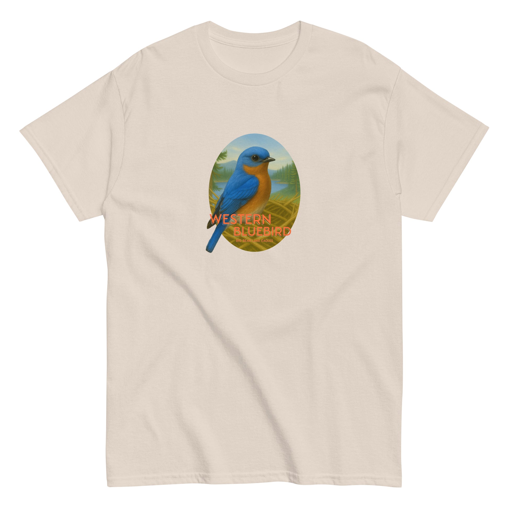 Beige t-shirt with a graphic of a blue bird and 'Western Bluebird' text, perched on a branch near Jackie and Shadow’s nest in Big Bear Lake, California