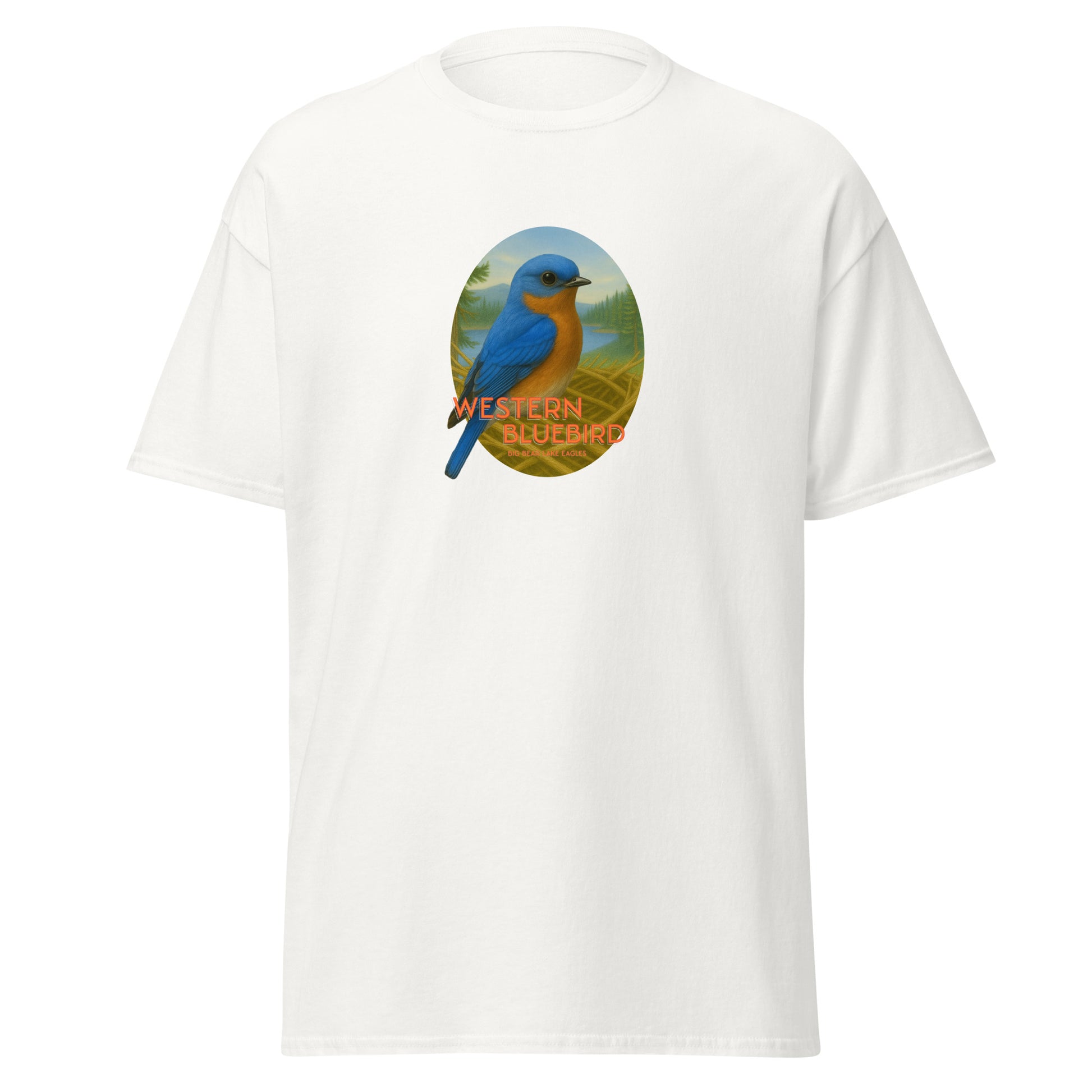 White t-shirt with a graphic of a blue bird and 'Western Bluebird' text, perched on a branch near Jackie and Shadow’s nest in Big Bear Lake, California