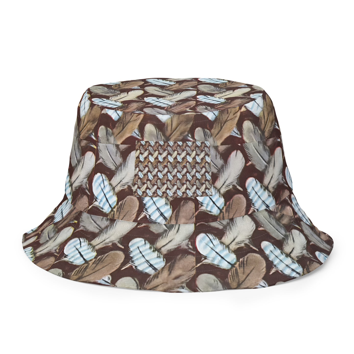 Bucket hat featuring Feather Mark logo on one side and a bold eagle-inspired print on the other, honoring Jackie and Shadow of Big Bear Lake