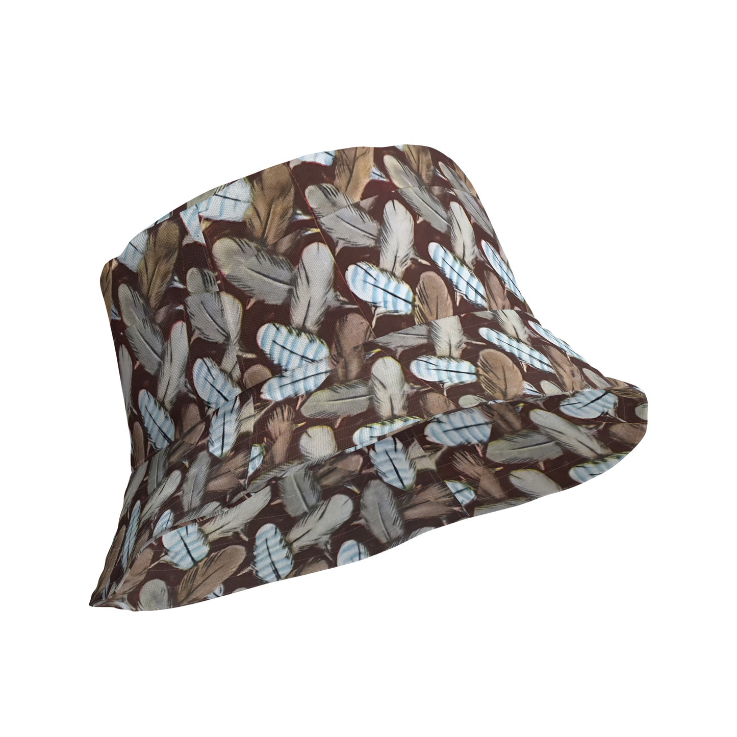 Bucket hat featuring Feather Mark logo on one side and a bold eagle-inspired print on the other, honoring Jackie and Shadow of Big Bear Lake