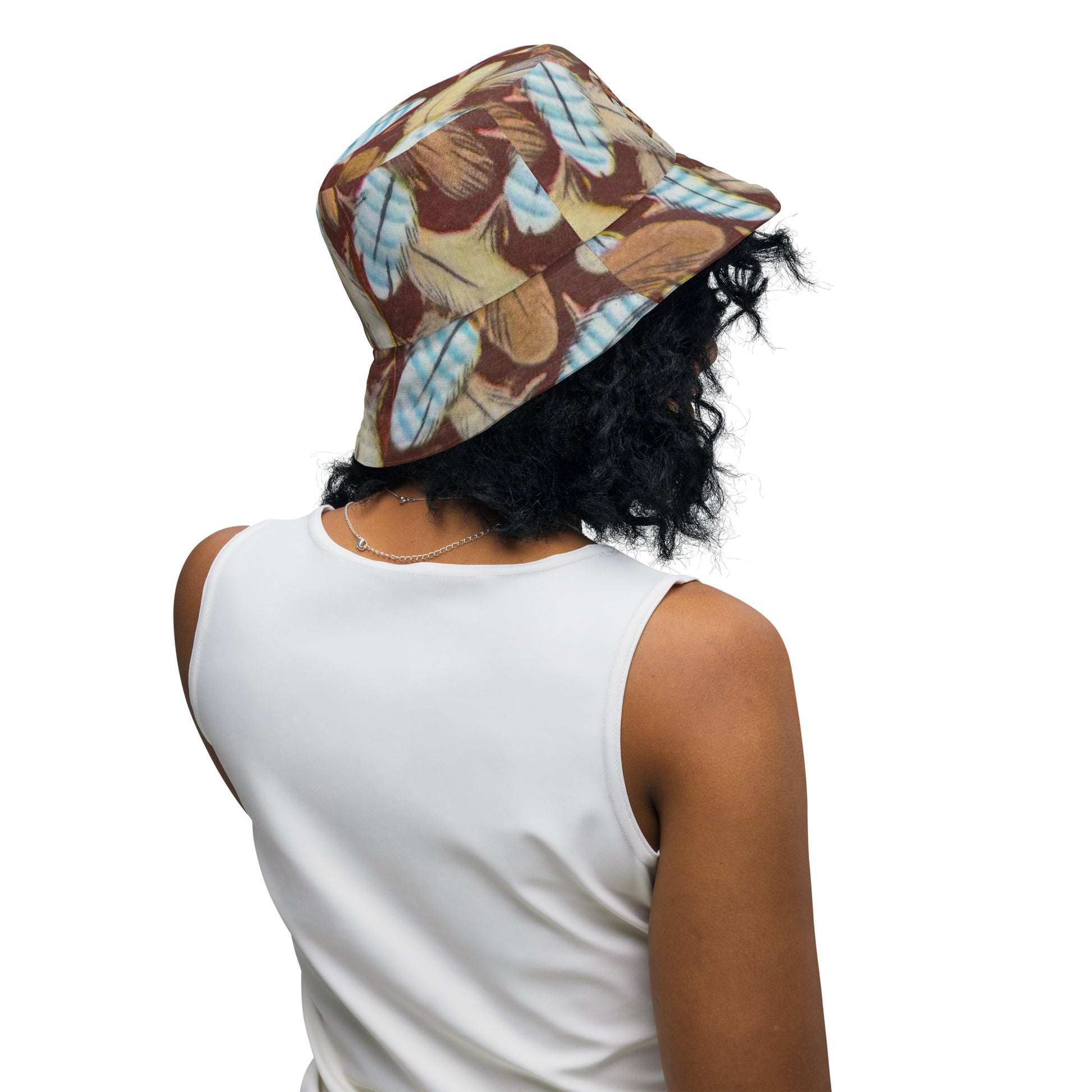 bucket hat featuring Feather Mark logo on one side and a bold eagle-inspired print on the other, honoring Jackie and Shadow of Big Bear Lake