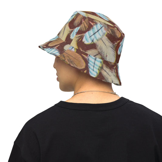 bucket hat featuring Feather Mark logo on one side and a bold eagle-inspired print on the other, honoring Jackie and Shadow of Big Bear Lake