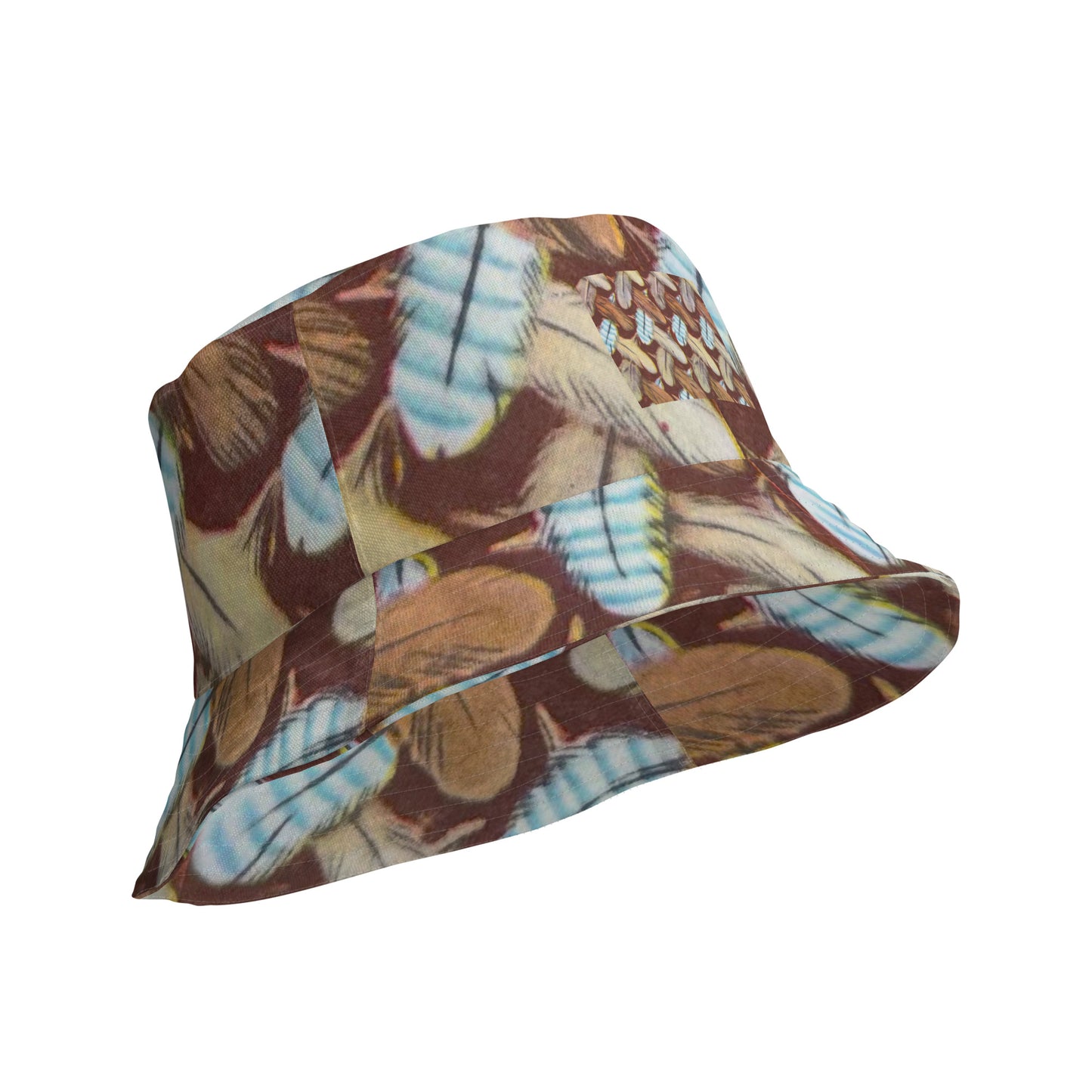 bucket hat featuring Feather Mark logo on one side and a bold eagle-inspired print on the other, honoring Jackie and Shadow of Big Bear Lake