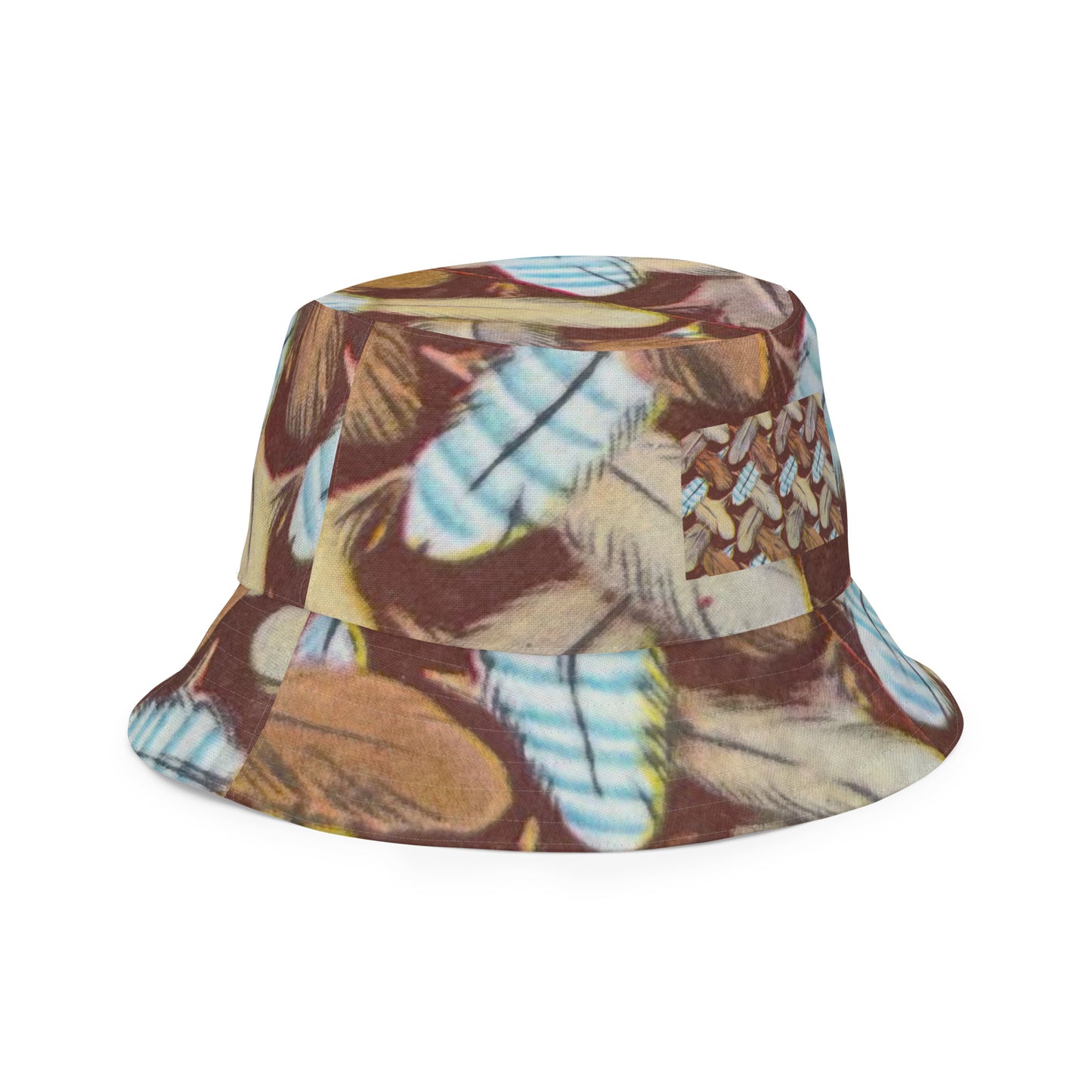 bucket hat featuring Feather Mark logo on one side and a bold eagle-inspired print on the other, honoring Jackie and Shadow of Big Bear Lake