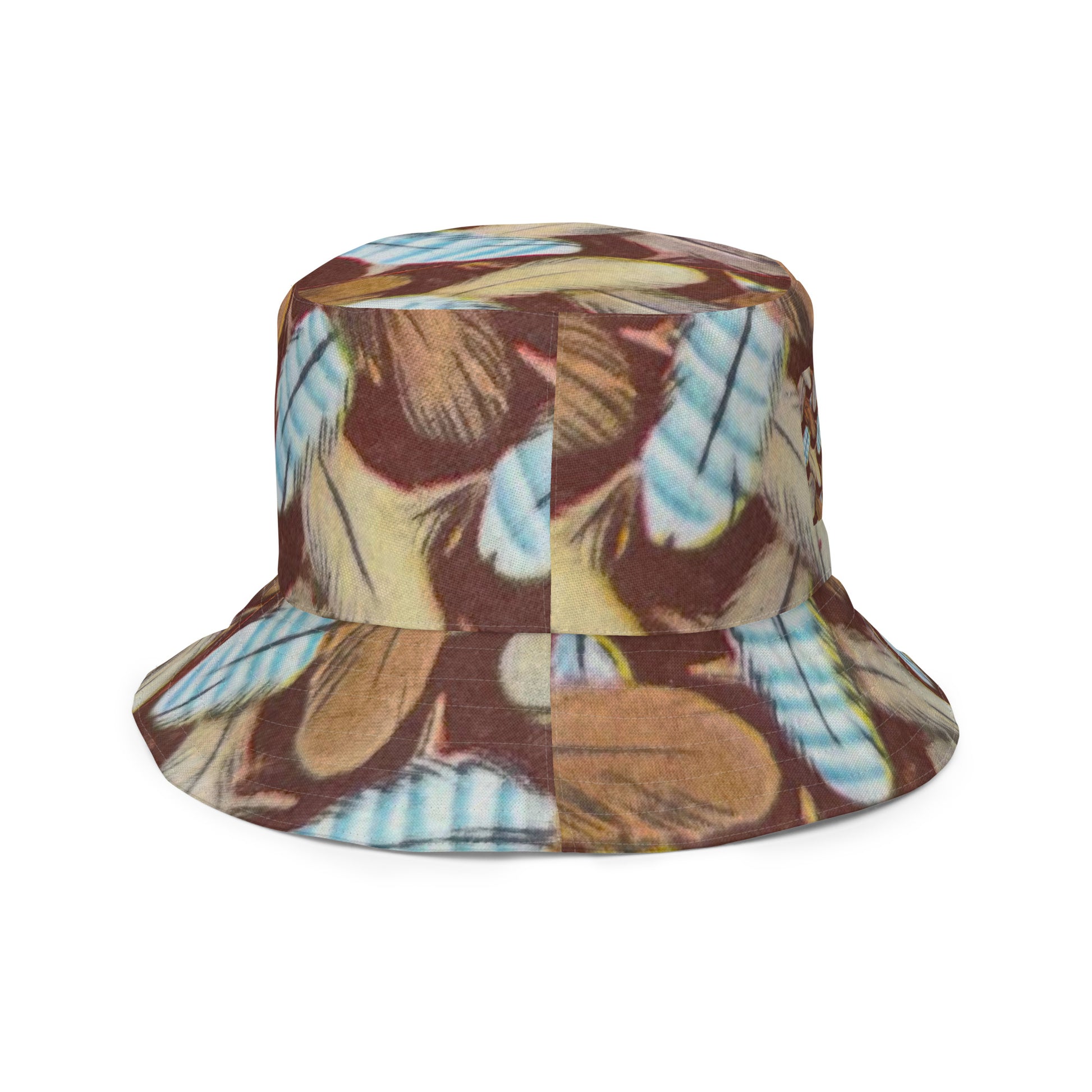 bucket hat featuring Feather Mark logo on one side and a bold eagle-inspired print on the other, honoring Jackie and Shadow of Big Bear Lake