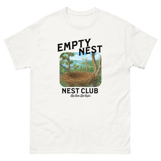 Empty Nest Club T-shirt featuring a graphic of an empty eagle’s nest with the phrase 'Empty Nest Nest Club'—a cozy tribute to life after the eaglets have flown. Perfect for bird lovers and Big Bear Lake eagle fans