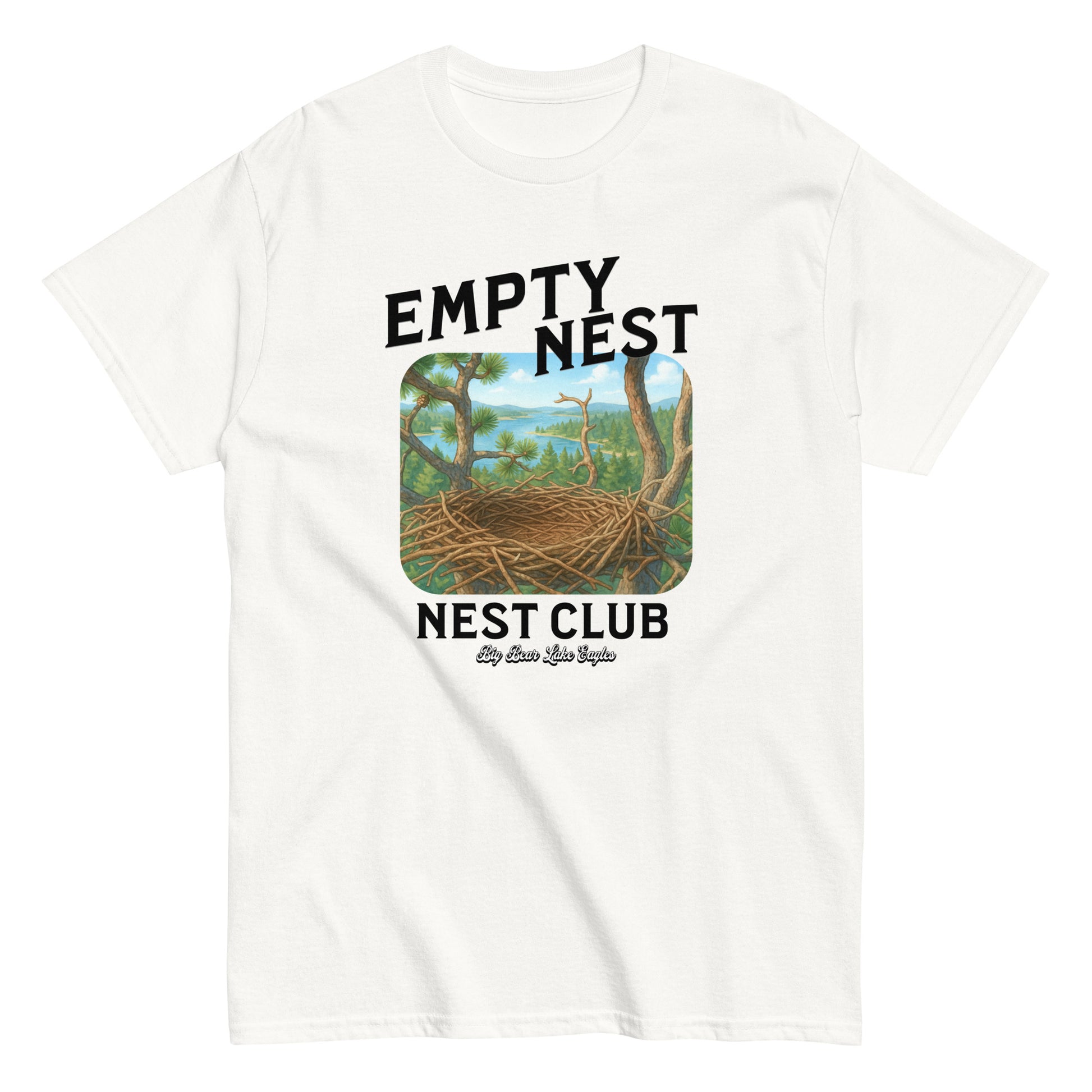 Empty Nest Club T-shirt featuring a graphic of an empty eagle’s nest with the phrase 'Empty Nest Nest Club'—a cozy tribute to life after the eaglets have flown. Perfect for bird lovers and Big Bear Lake eagle fans