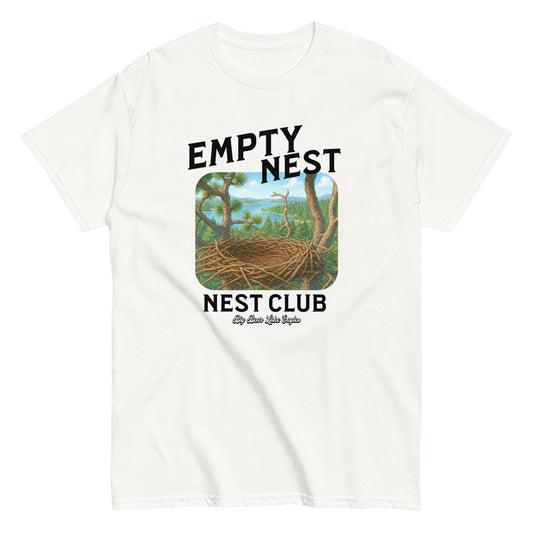 Empty Nest Club T-shirt featuring a graphic of an empty eagle’s nest with the phrase 'Empty Nest Nest Club'—a cozy tribute to life after the eaglets have flown. Perfect for bird lovers and Big Bear Lake eagle fans